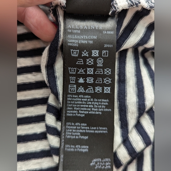 ALLSAINTS Harper LINEN COTTON Striped Cold Shoulder T-Shirt Ink Blue Size XS - Picture 13 of 14